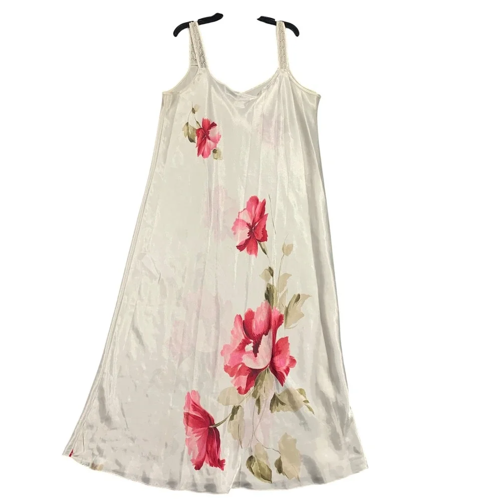 VTG California Dynasty Women L White Satin Floral Nightgown Slip Dress Lace Trim - Picture 5 of 6